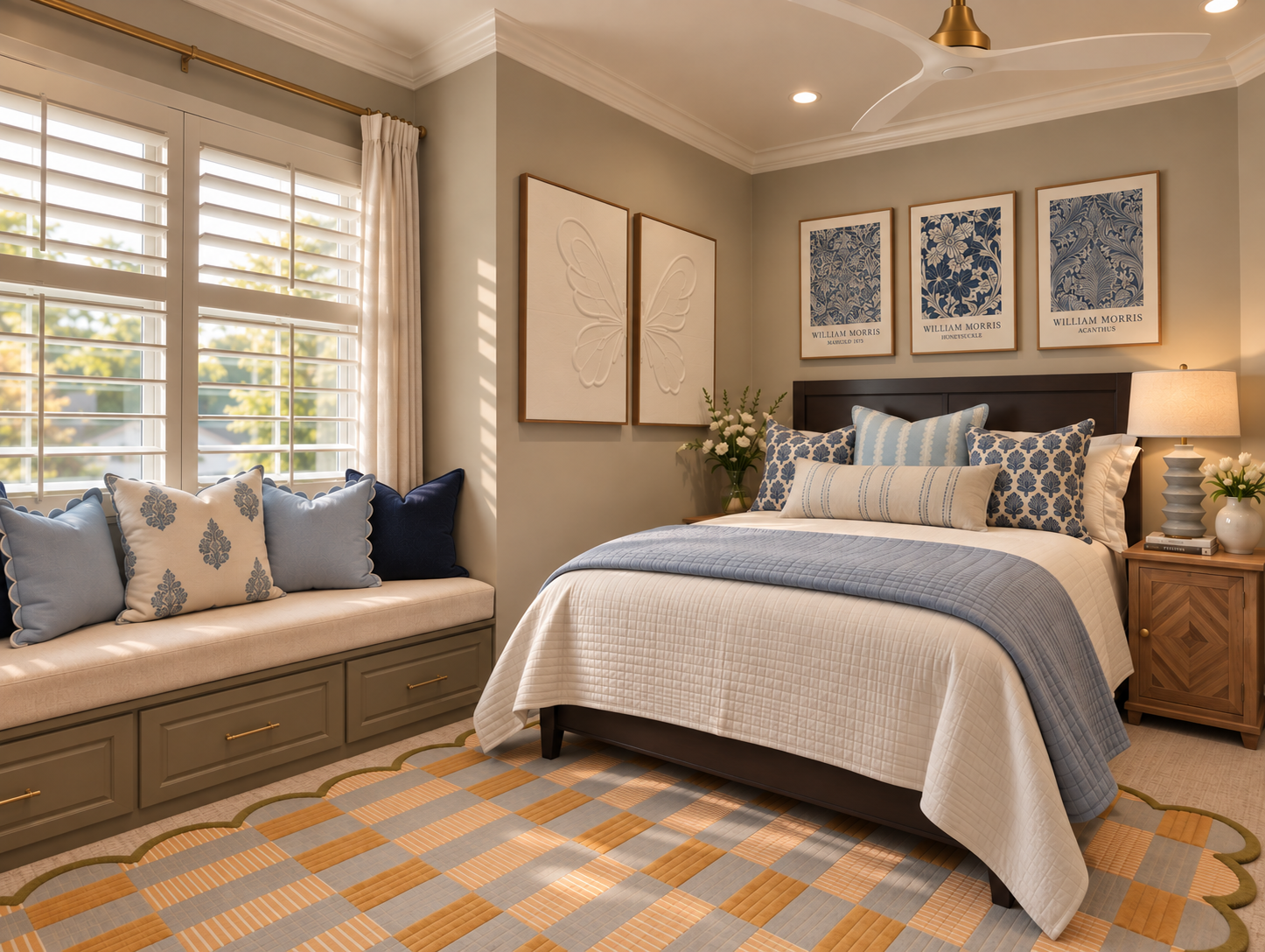 A light-filled guest bedroom with blue and white textiles, framed botanical art and a built-in window seat