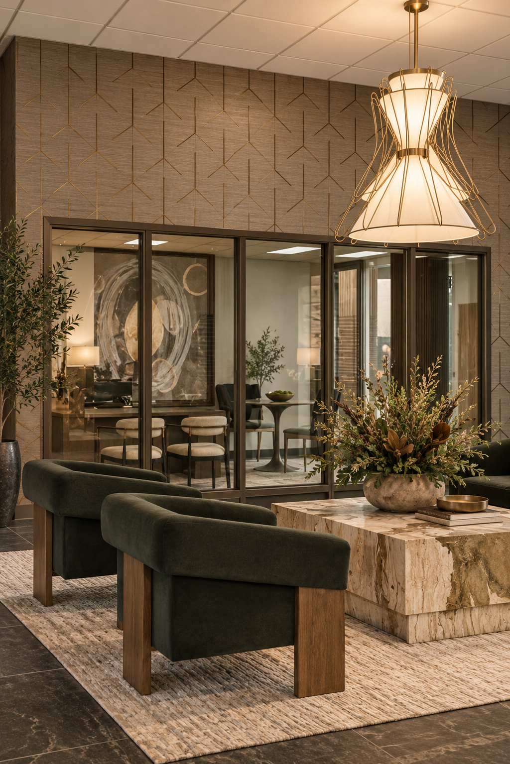 An entry console with a lamp, artwork and a view to a layered interior