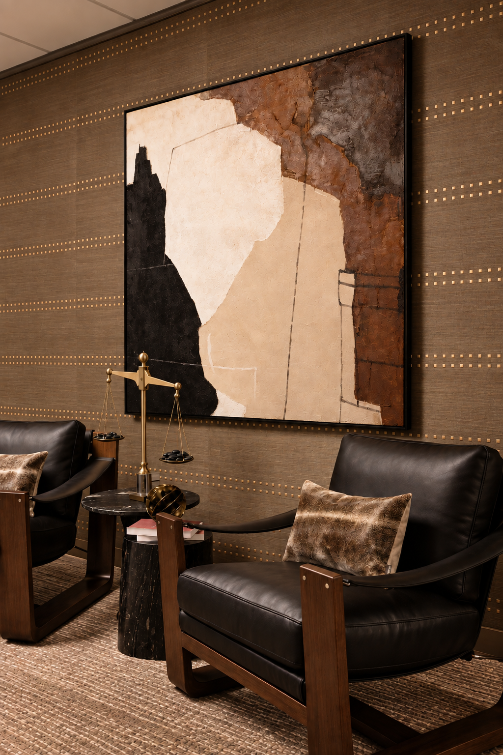 An executive lounge with black leather chairs, abstract artwork and textured brown wallcovering