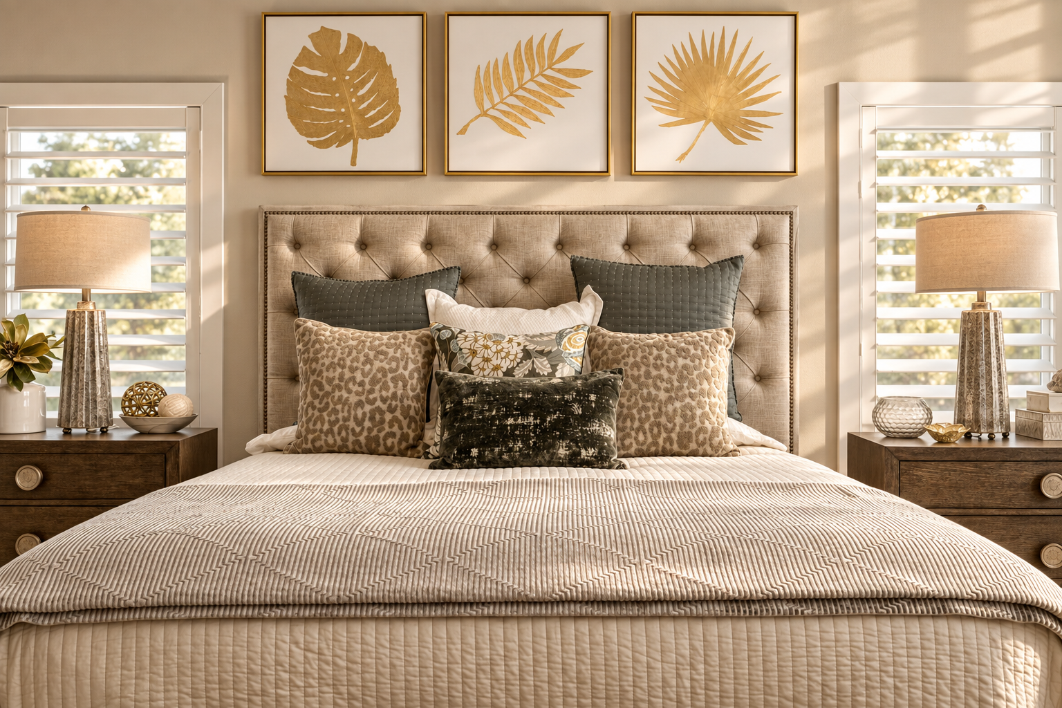 A bedroom with tailored bedding, gold leaf art and bedside lamps