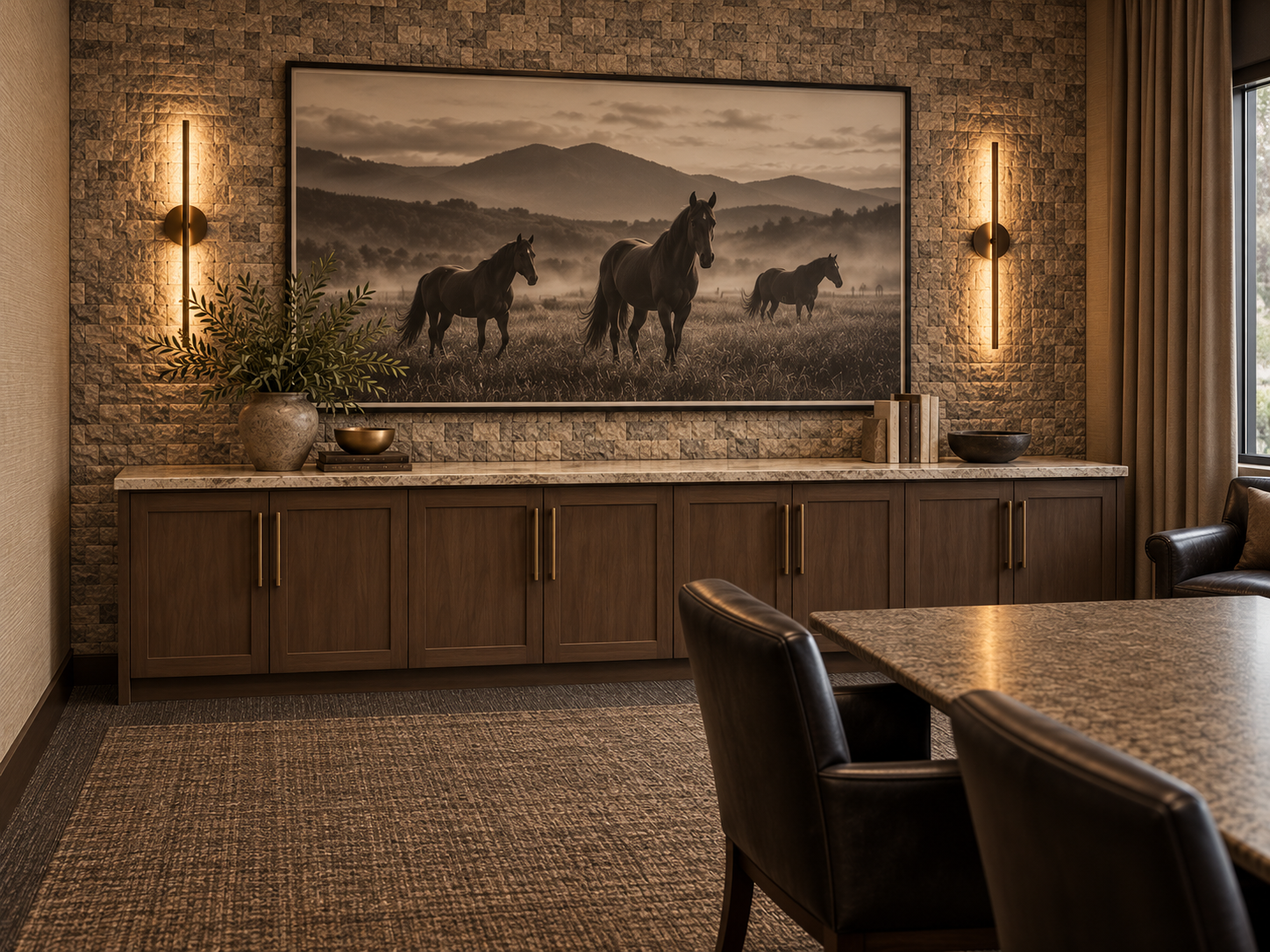 A conference room with a stone feature wall, custom wood cabinetry and large-scale horse photography