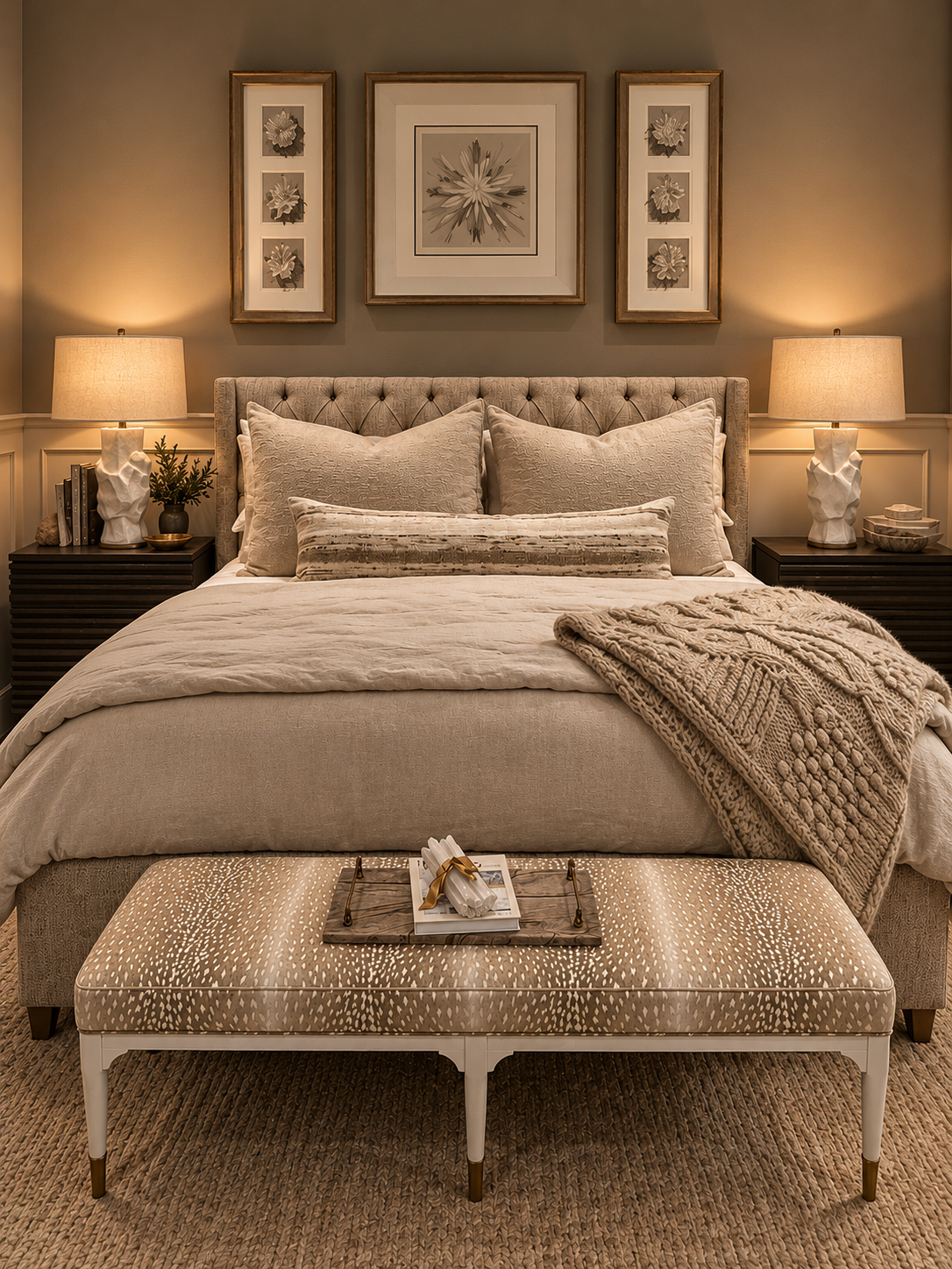 A tailored neutral bedroom with a tufted bed, sculptural bedside lamps and layered textiles