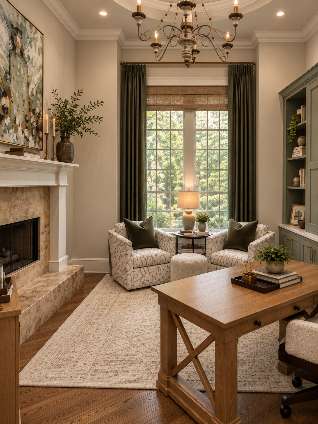 A study with a patterned rug, armchairs and a tailored seating area