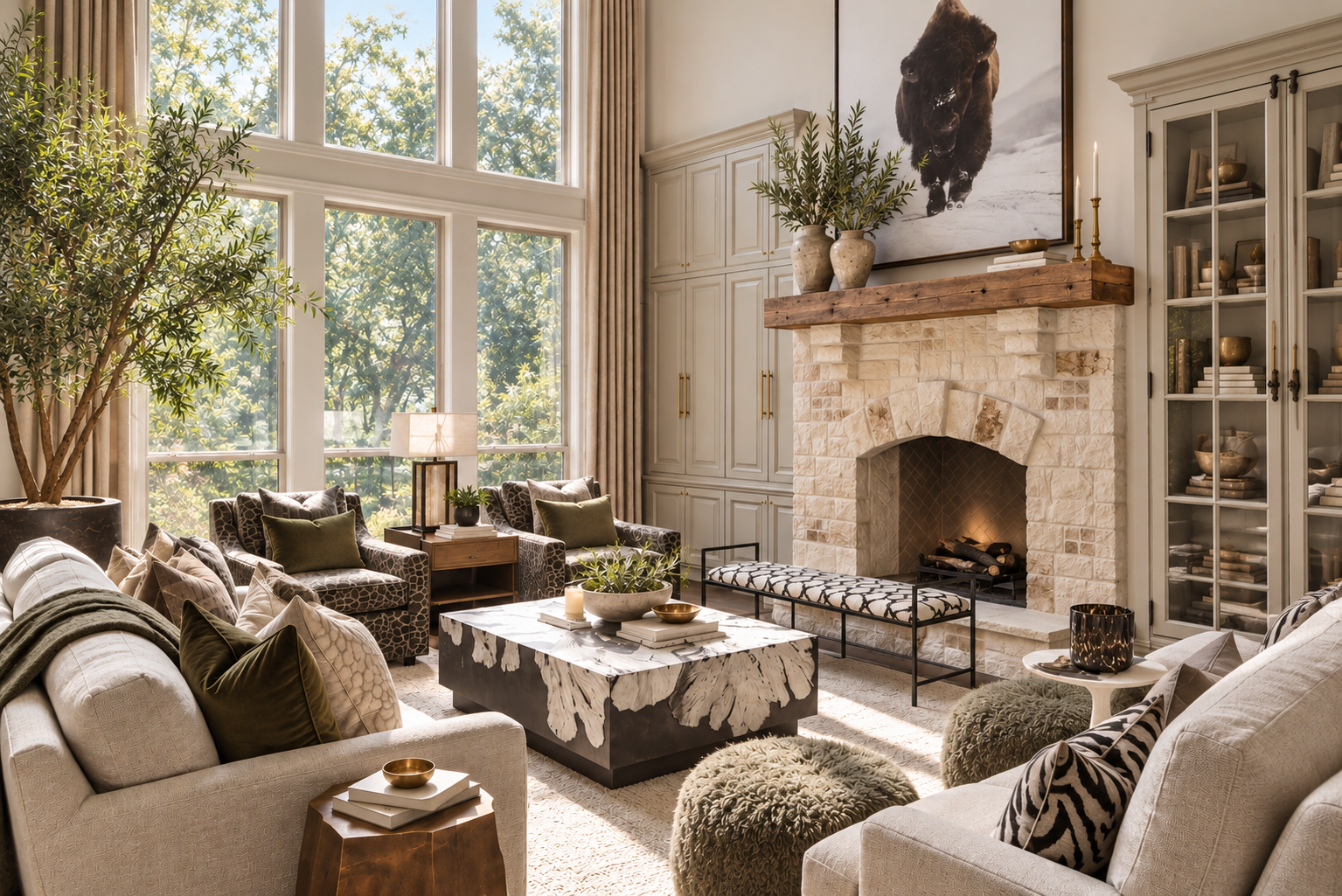 A light-filled living room with a stone fireplace and collected furnishings