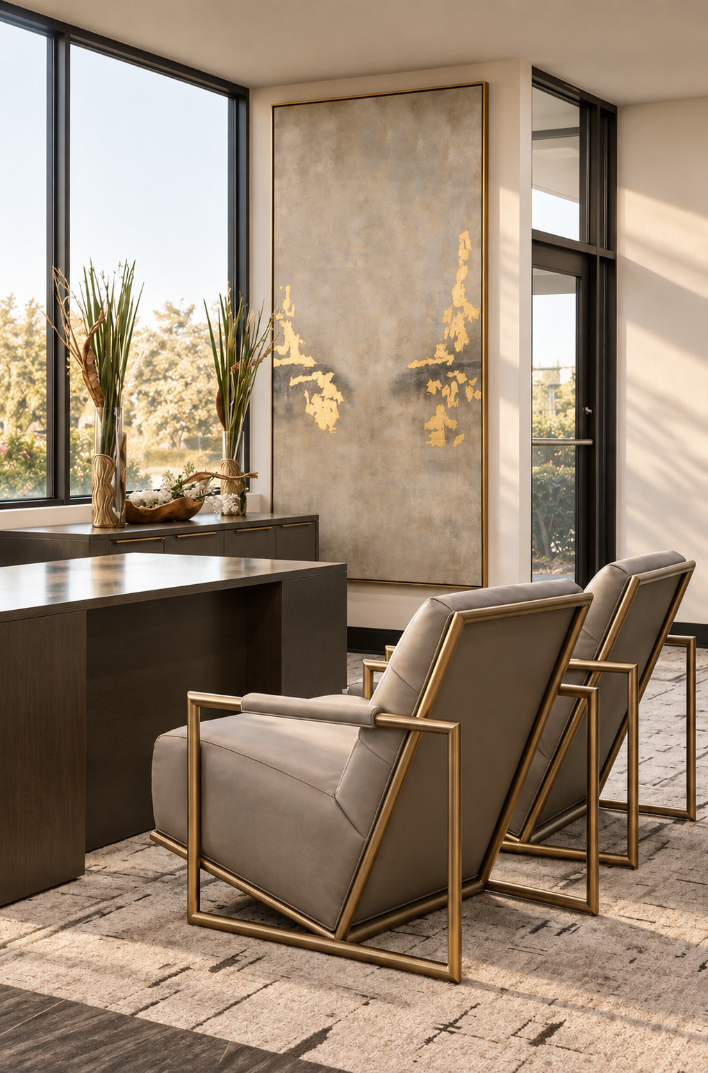 A lounge chair beside tall windows and a modern fireplace