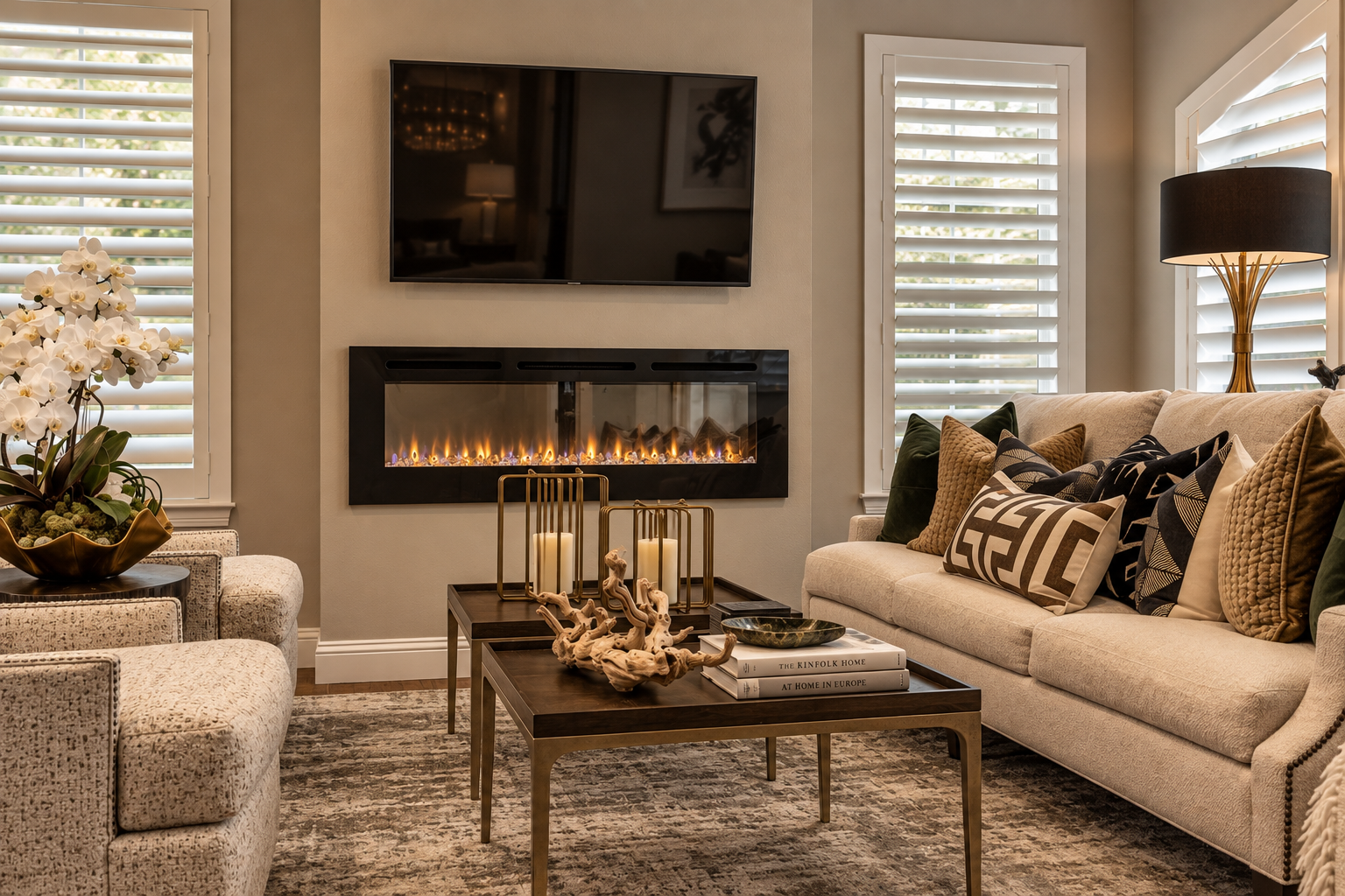 A media room with light sofas, coffee table and fireplace