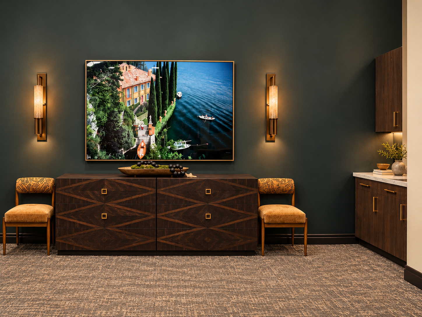 A contemporary lounge with a dark green wall, vivid landscape art and a geometric wood cabinet