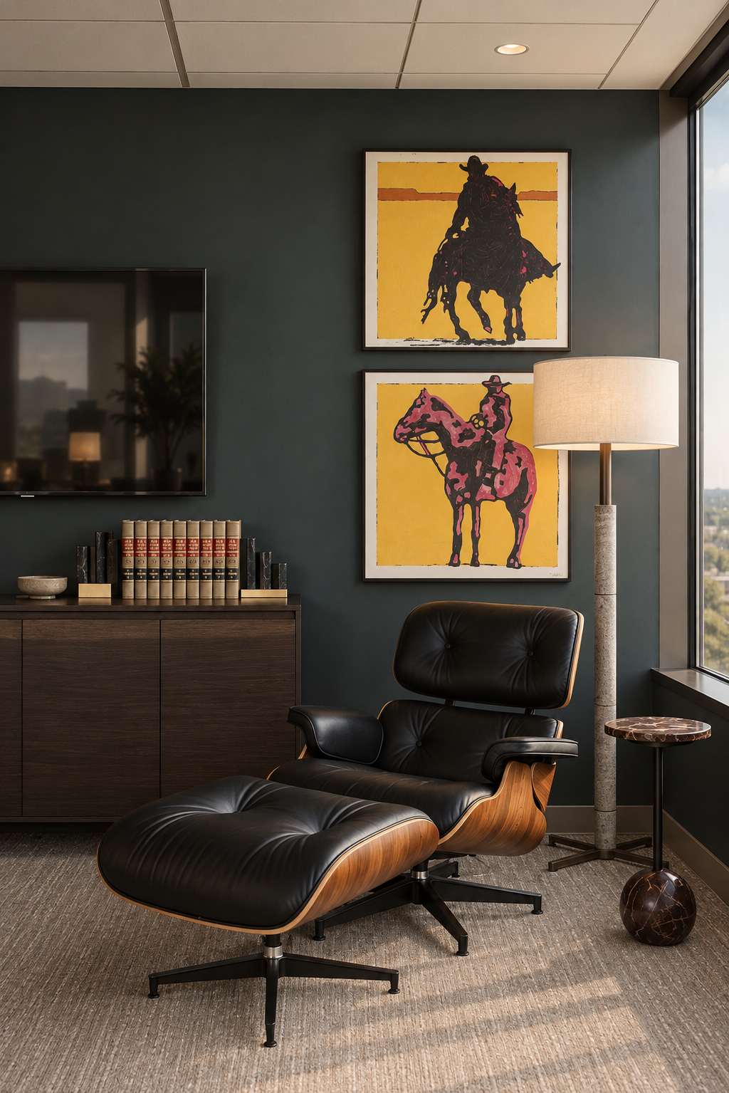 A dark study with a black leather lounge chair, warm wood cabinetry and colorful cowboy artwork