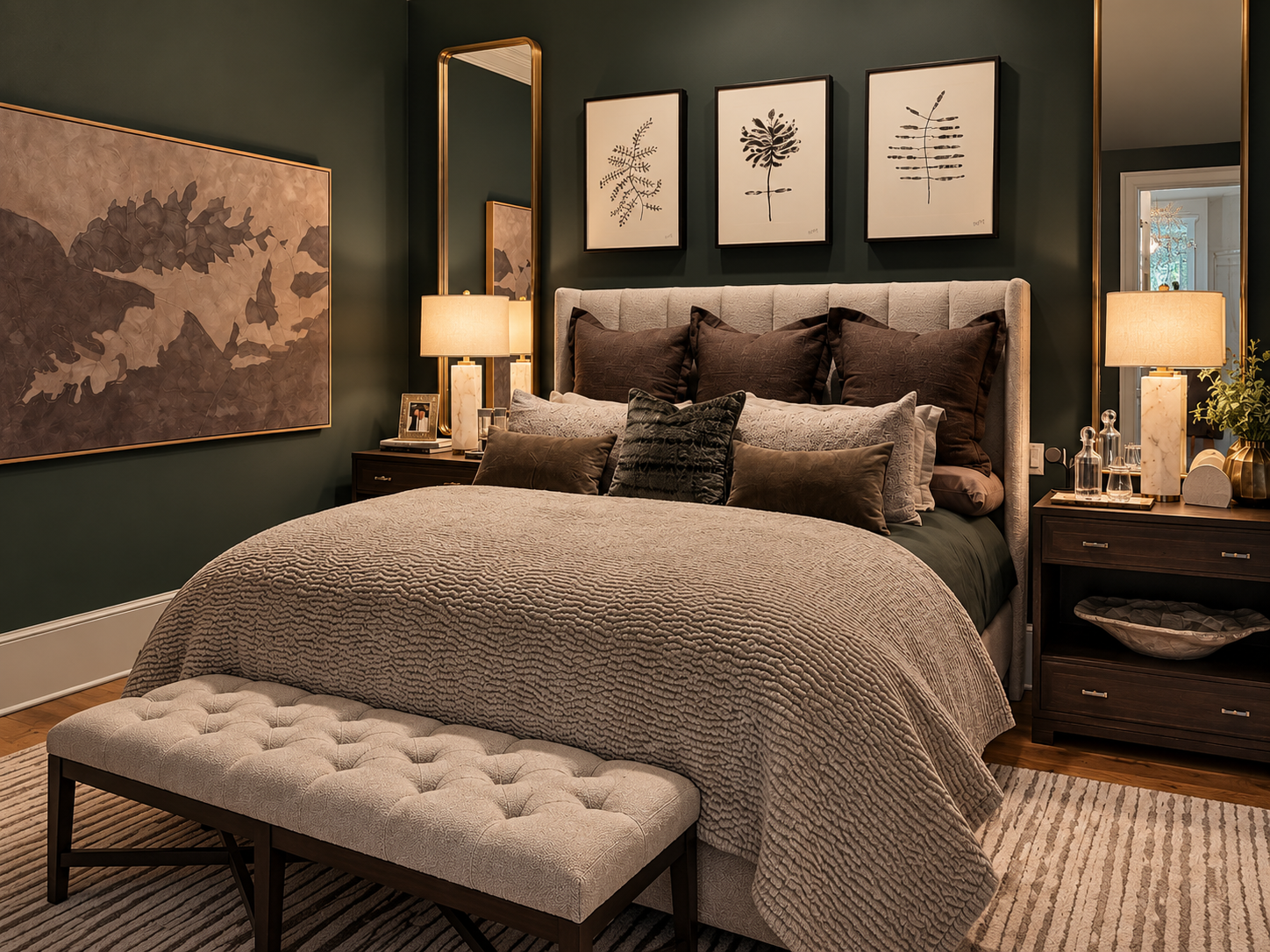A bedroom with dark green walls, upholstered bed and framed art