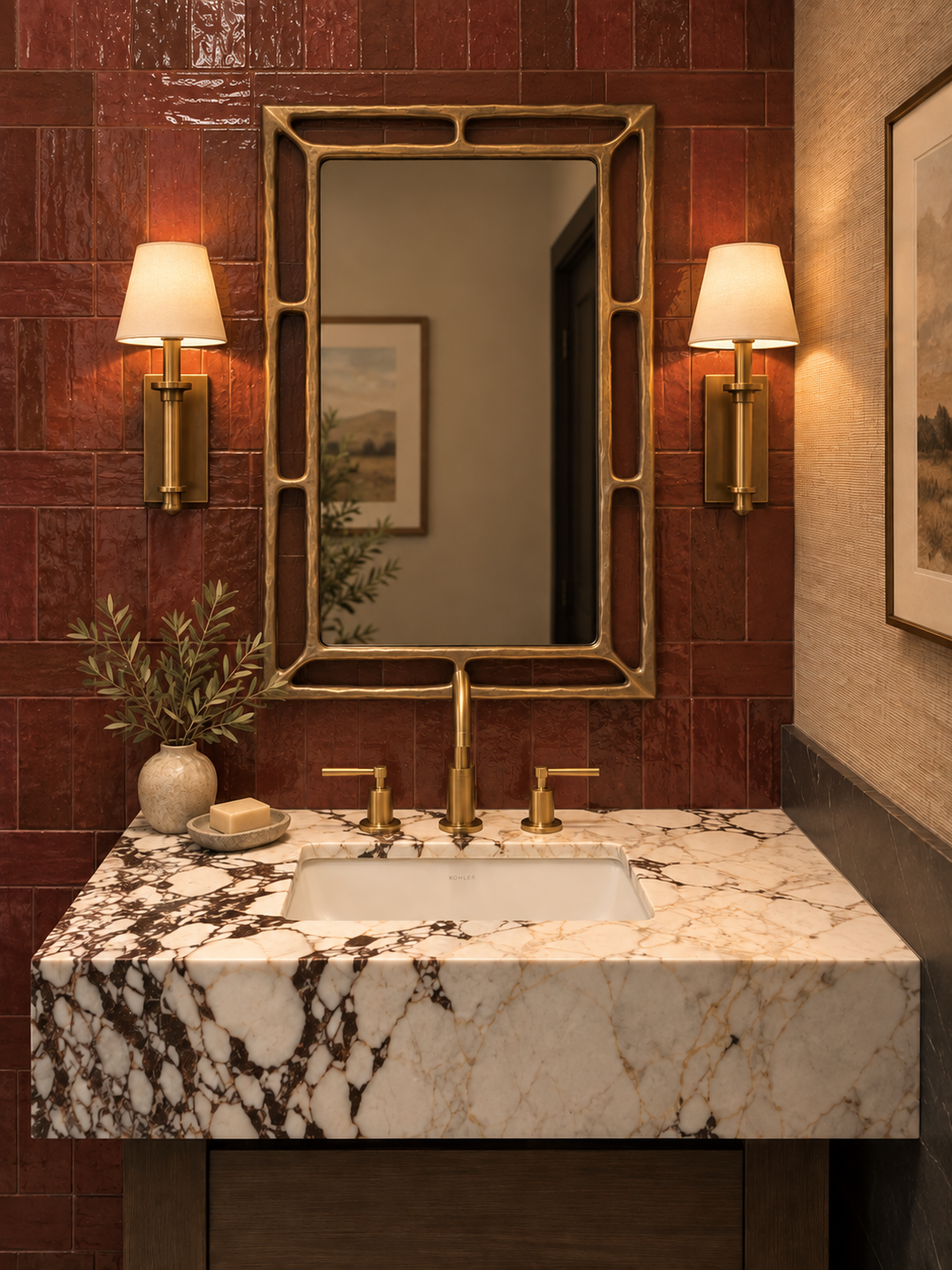 A richly colored powder room with marble vanity and brass sconces
