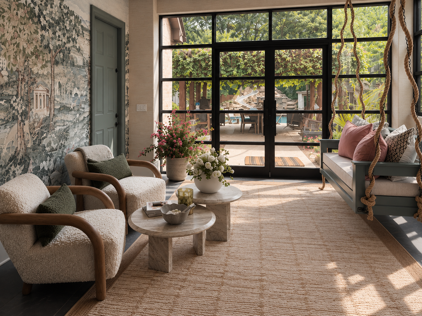 A sunroom with gathered seating, large windows and views to the garden