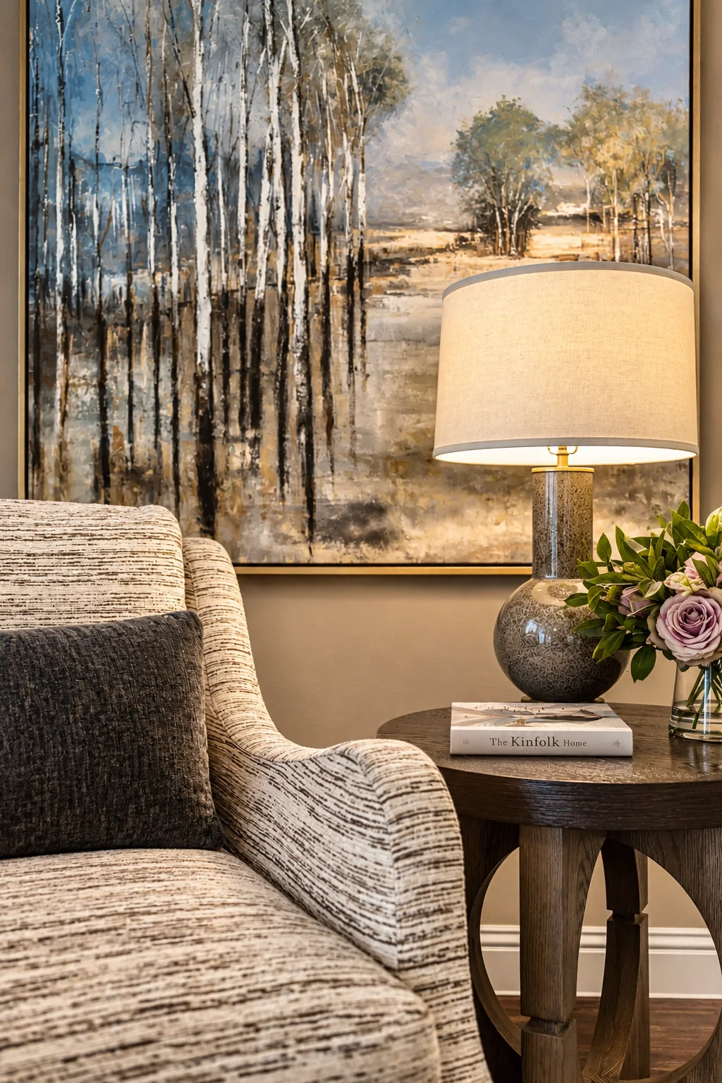 A bedside vignette with a lamp, art and layered textiles