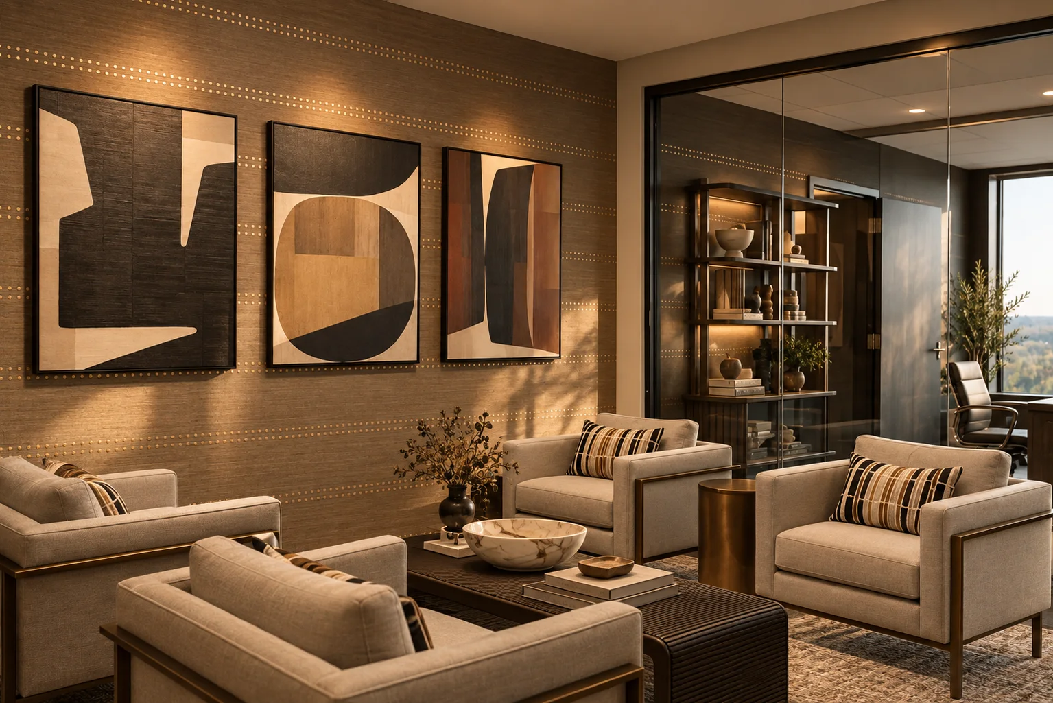 A refined corporate lounge with cream armchairs, abstract art and warm textured walls