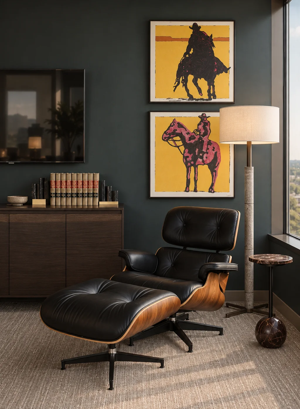 A dark study with a black leather lounge chair, warm wood cabinetry and colorful cowboy artwork