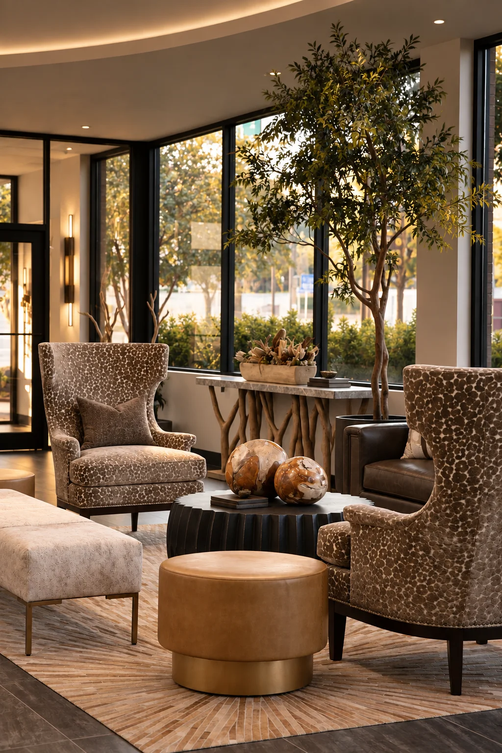 A light-filled lobby with patterned wing chairs, an indoor tree and sculptural tables