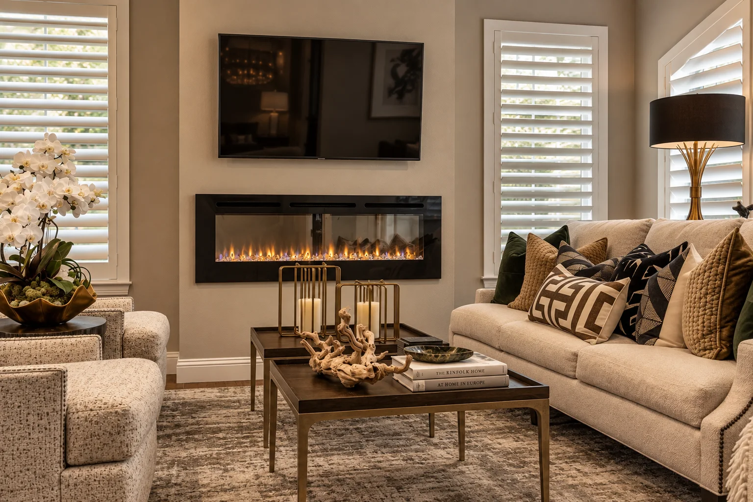A media room with light sofas, coffee table and fireplace