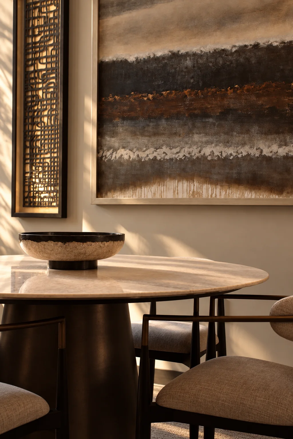 A sunlit dining table with upholstered chairs, abstract art and a hammered metal bowl