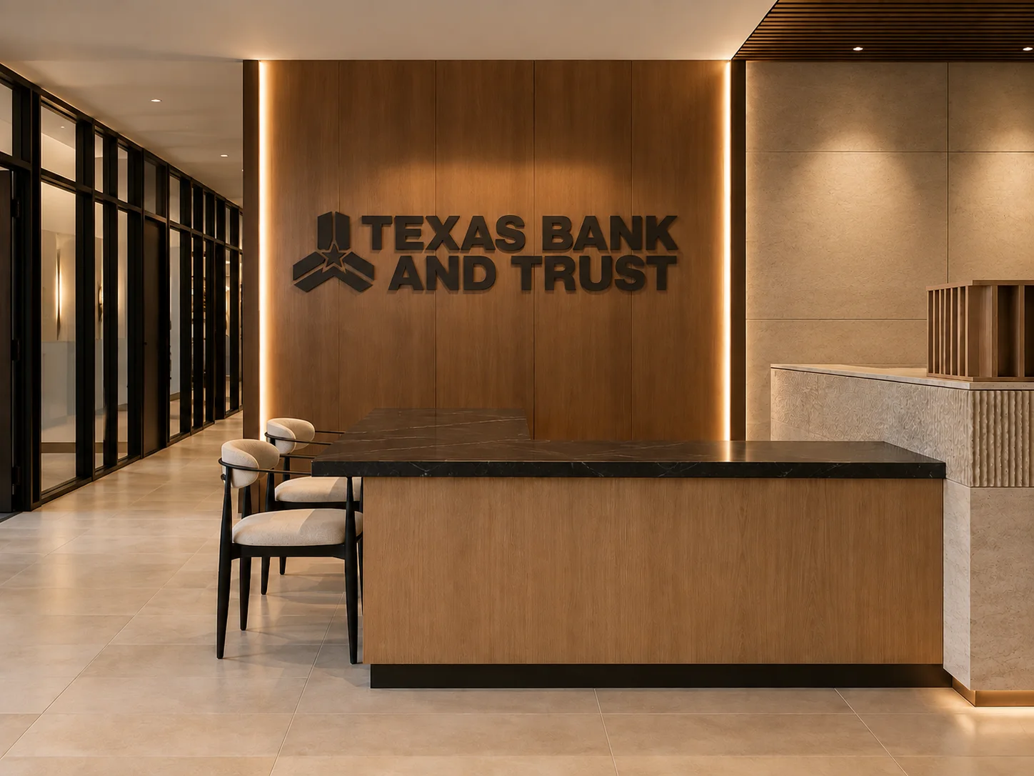 A contemporary Texas Bank and Trust reception area with wood paneling, stone surfaces and integrated lighting