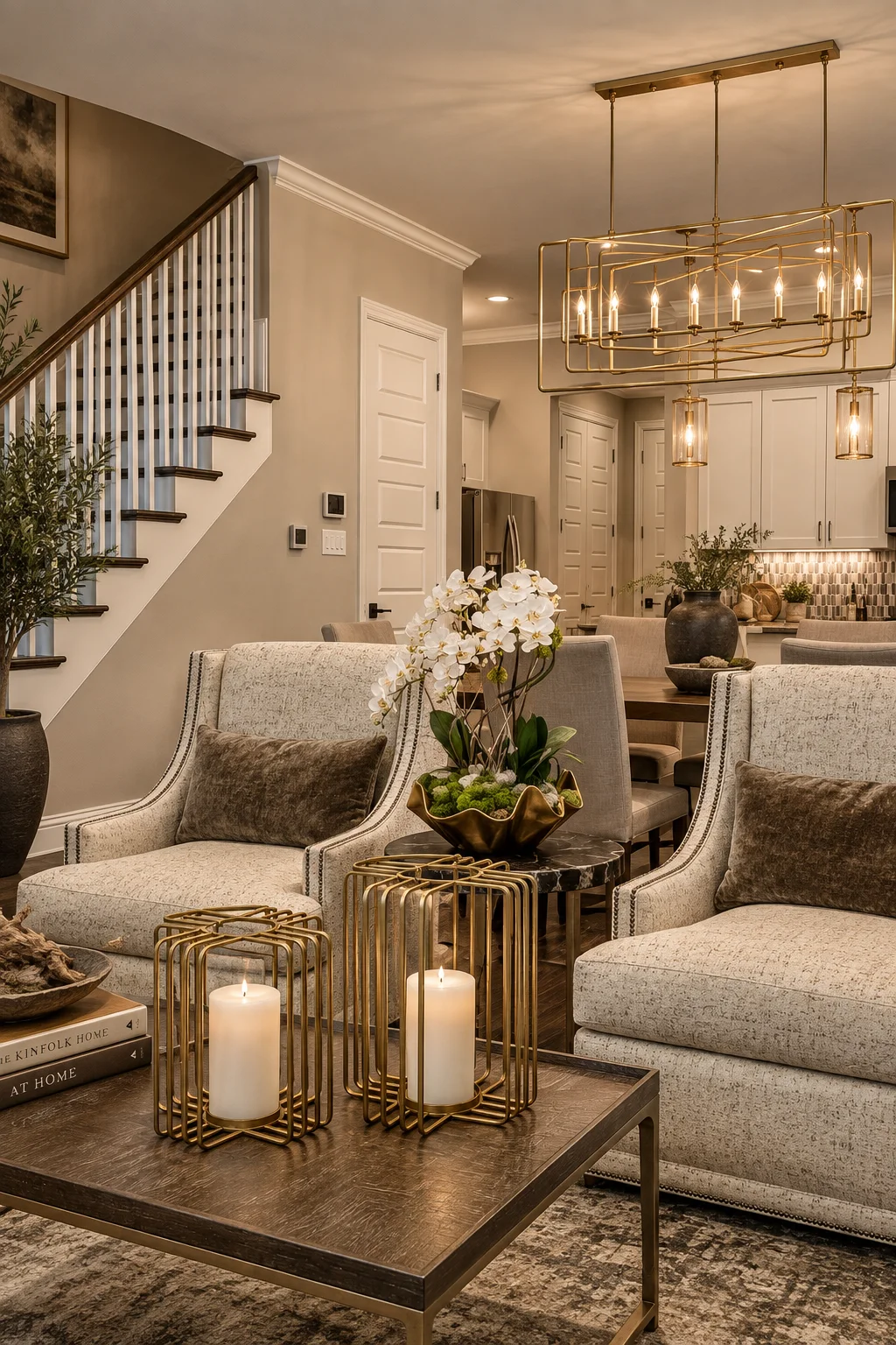 A warm lounge with comfortable chairs, kitchen detail and layered lighting